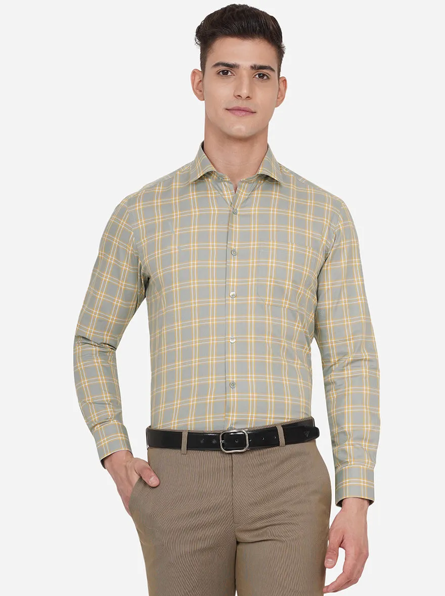 Grey & Yellow Checked Regular Fit Formal Shirt | JadeBlue