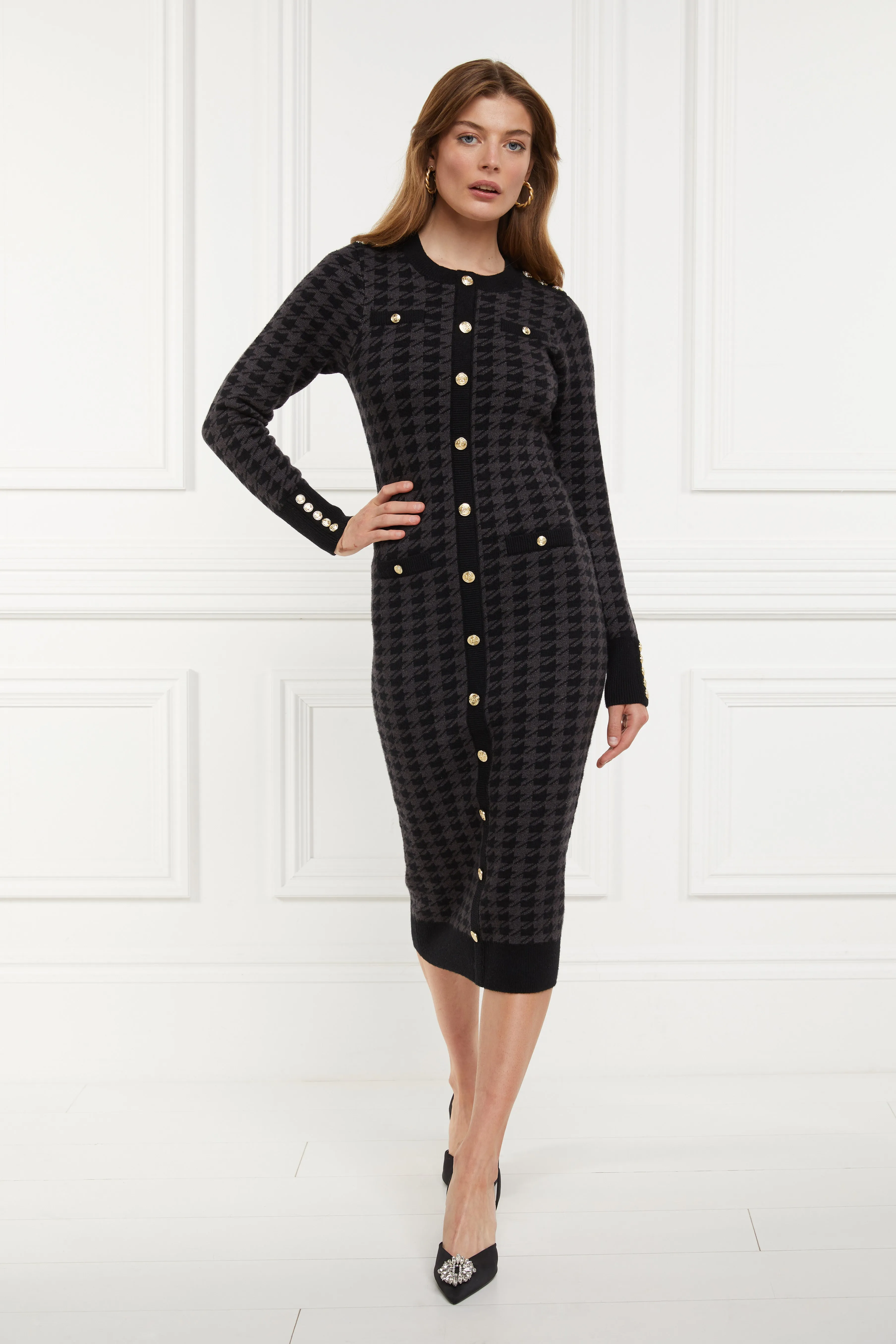 Hepburn Midi Dress (Grey Houndstooth)