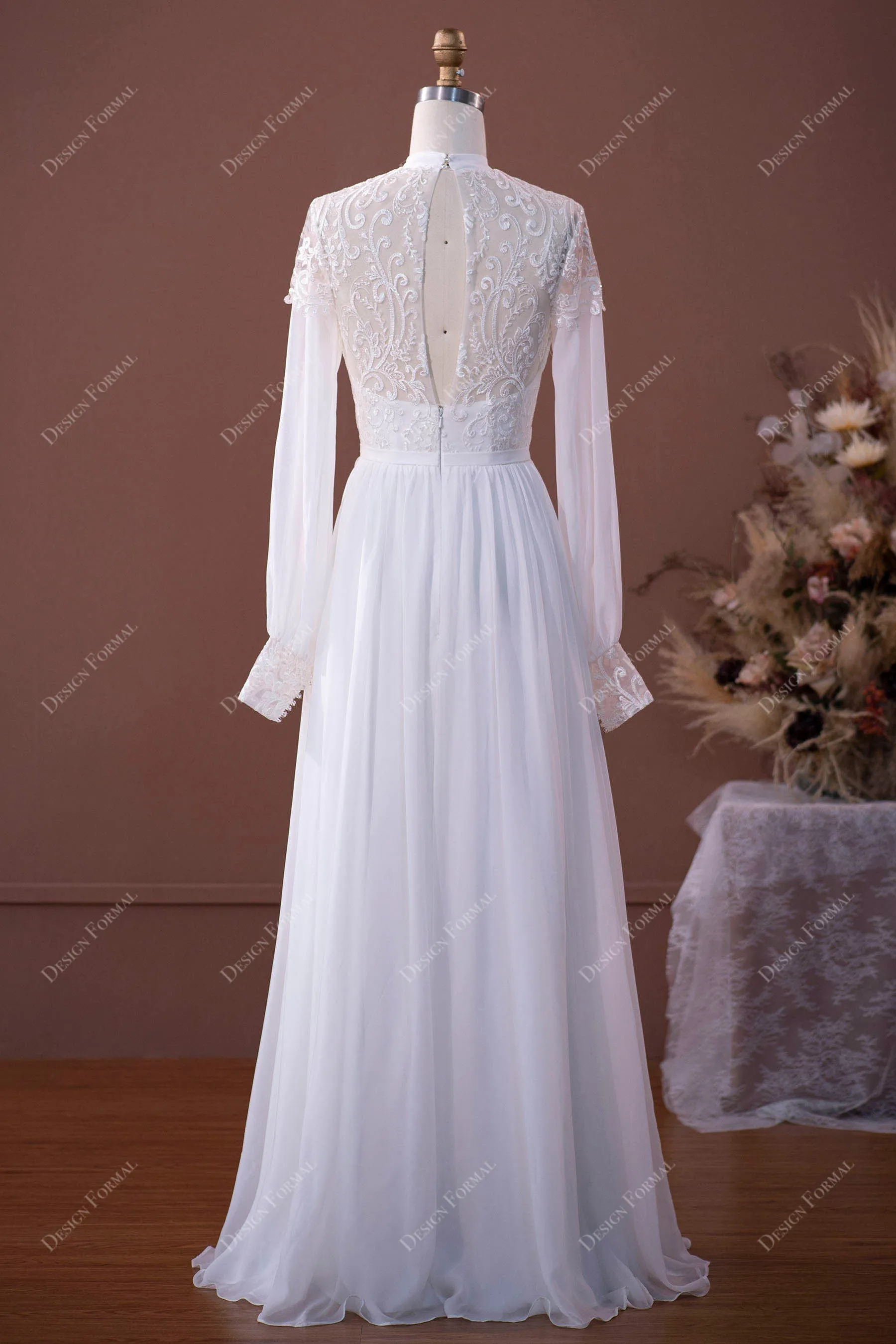 High Neck Sheer Sleeves Lace Chiffon Floor Length Destination Wedding Dress