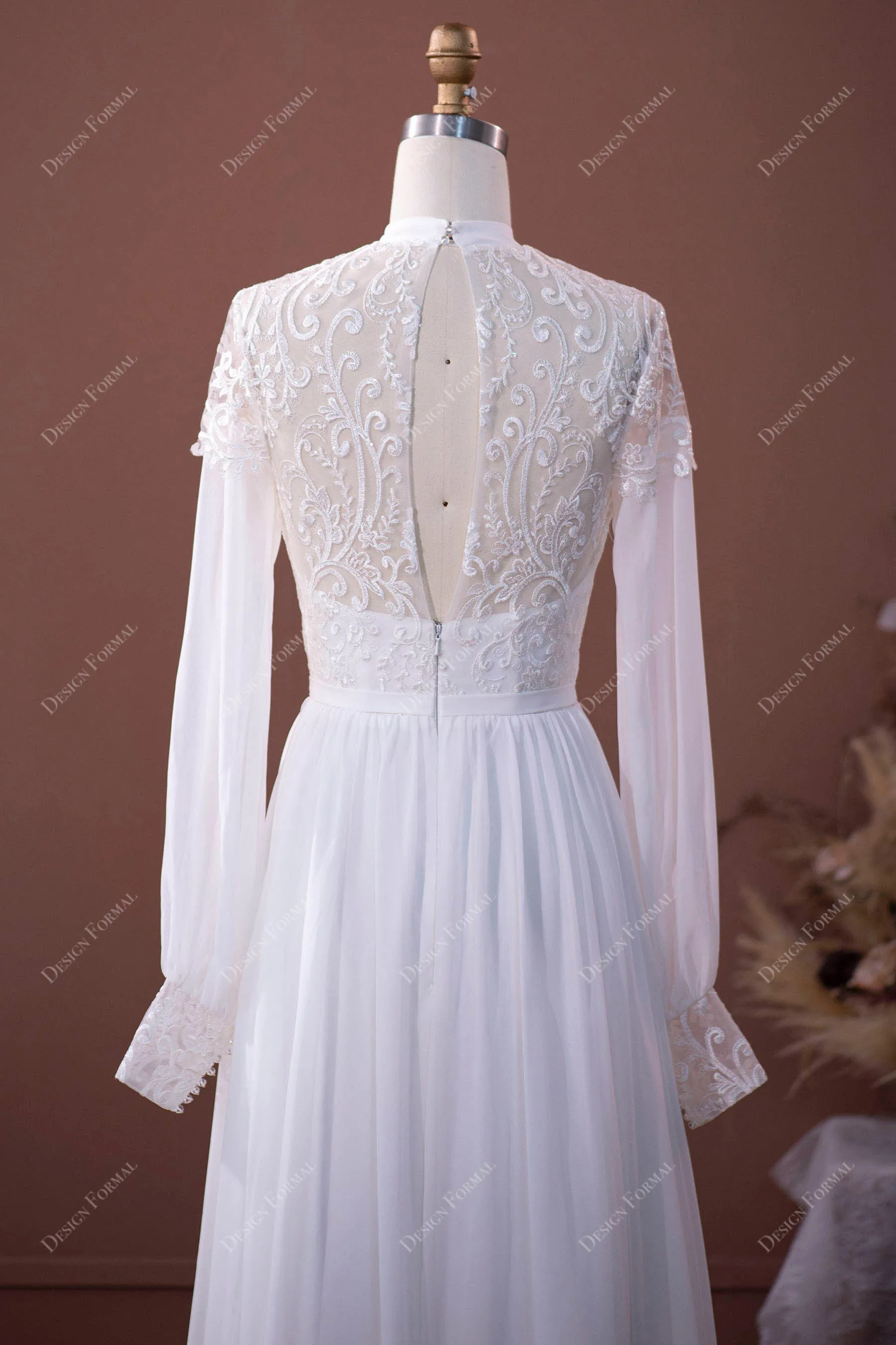 High Neck Sheer Sleeves Lace Chiffon Floor Length Destination Wedding Dress