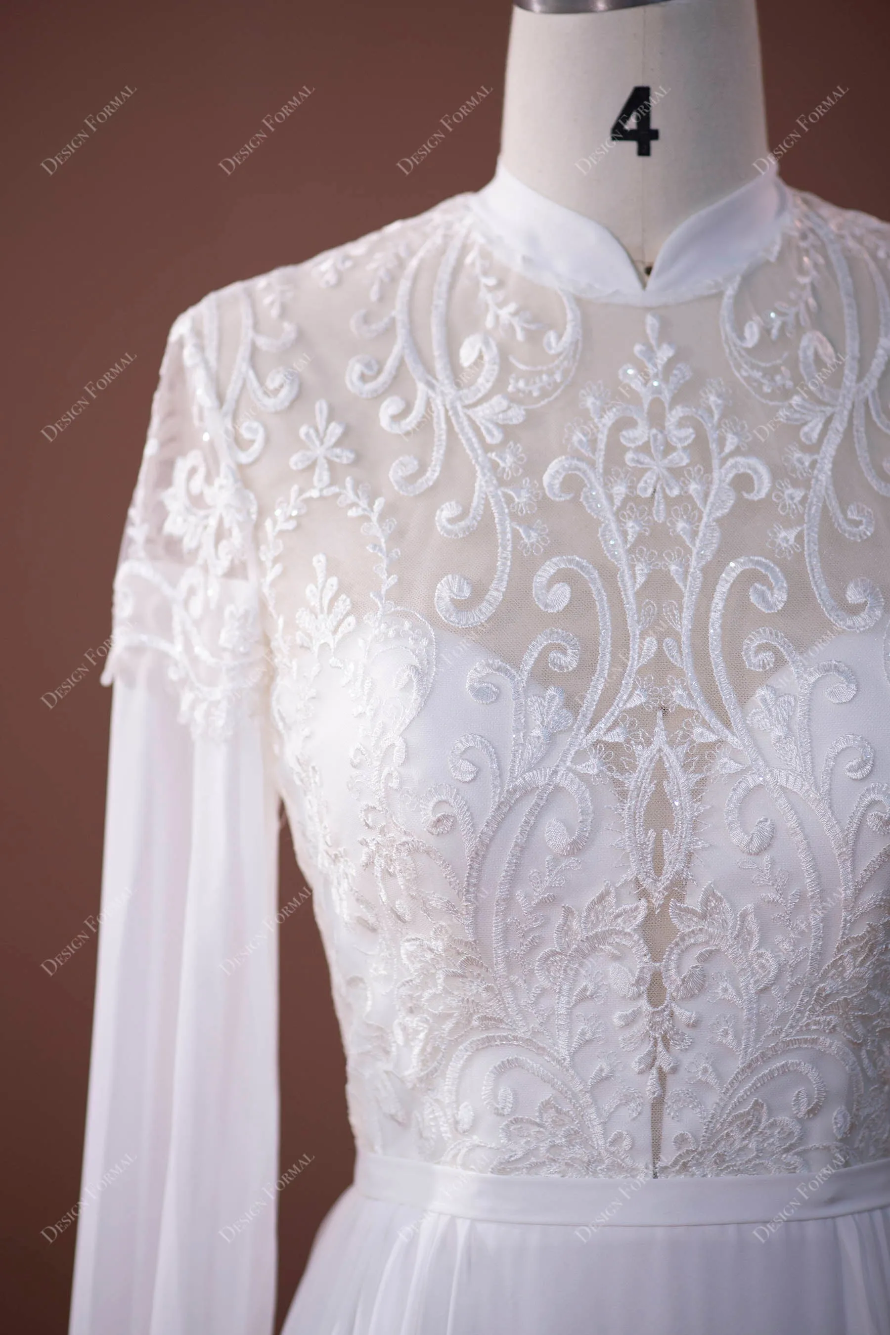 High Neck Sheer Sleeves Lace Chiffon Floor Length Destination Wedding Dress