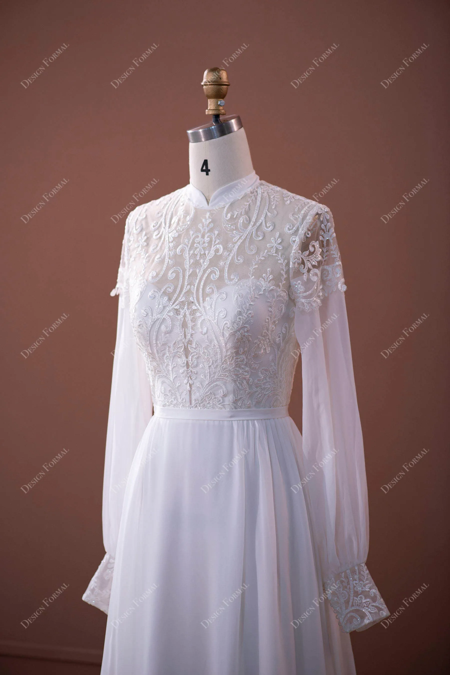 High Neck Sheer Sleeves Lace Chiffon Floor Length Destination Wedding Dress