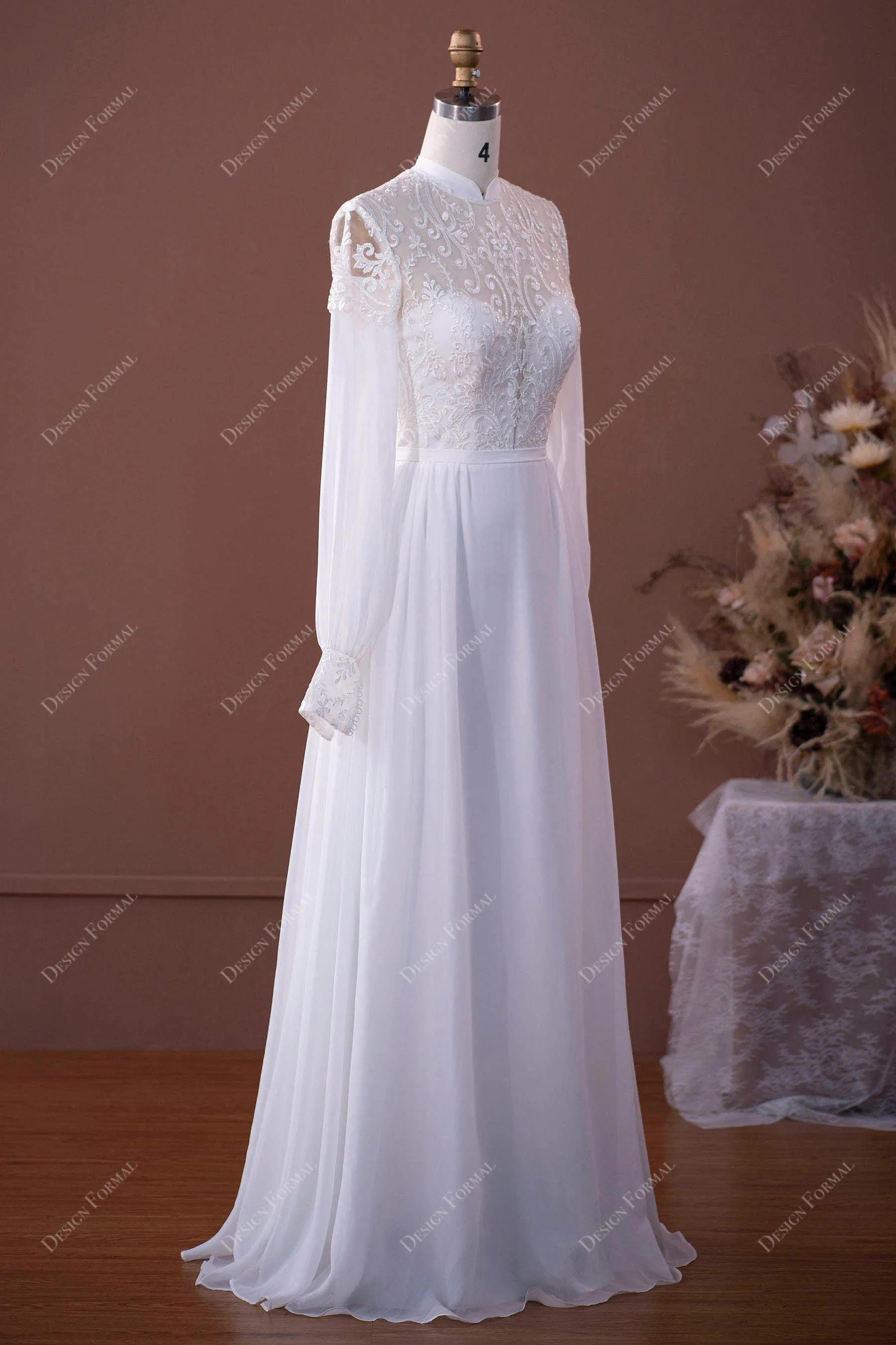 High Neck Sheer Sleeves Lace Chiffon Floor Length Destination Wedding Dress