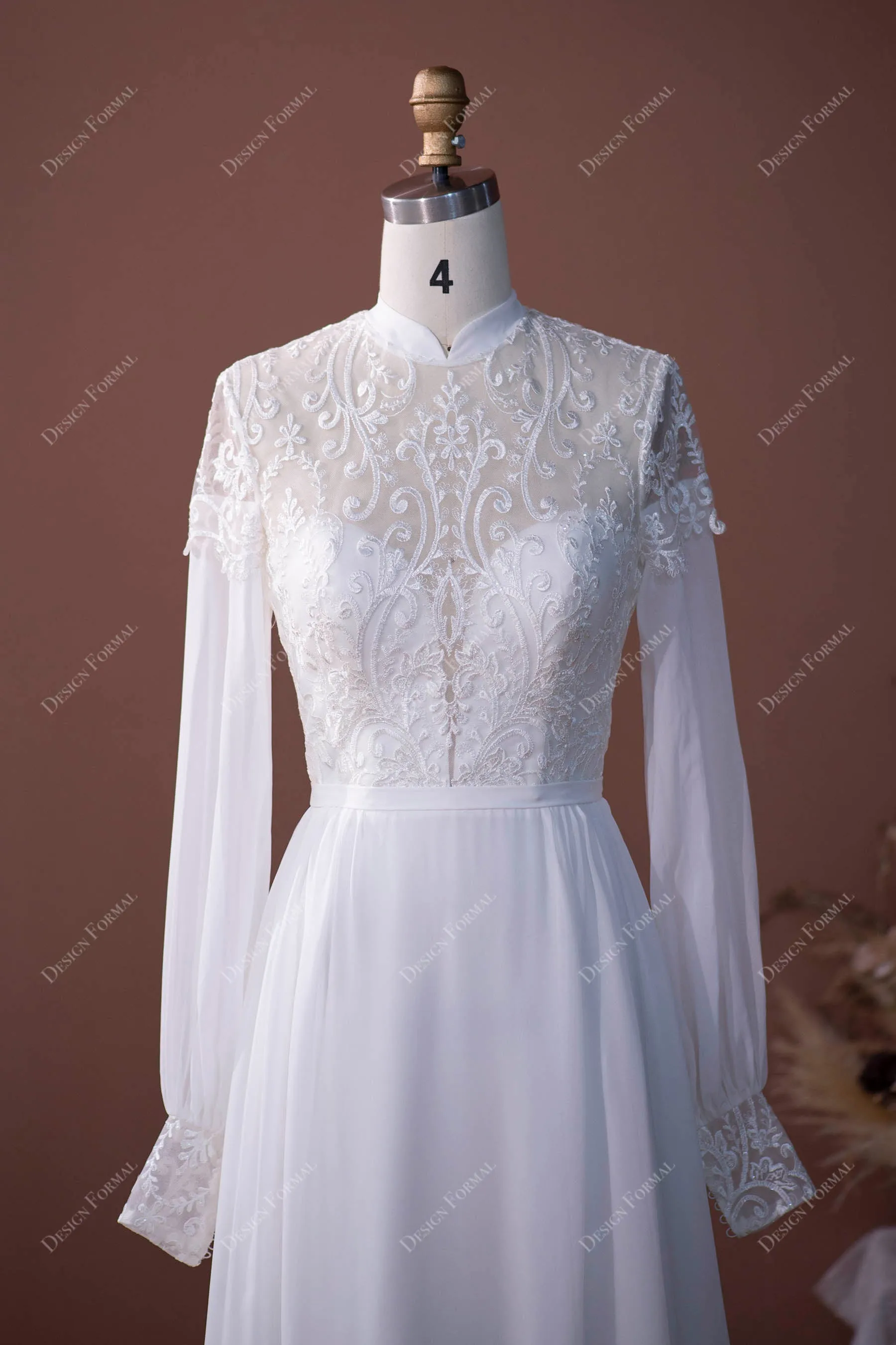 High Neck Sheer Sleeves Lace Chiffon Floor Length Destination Wedding Dress