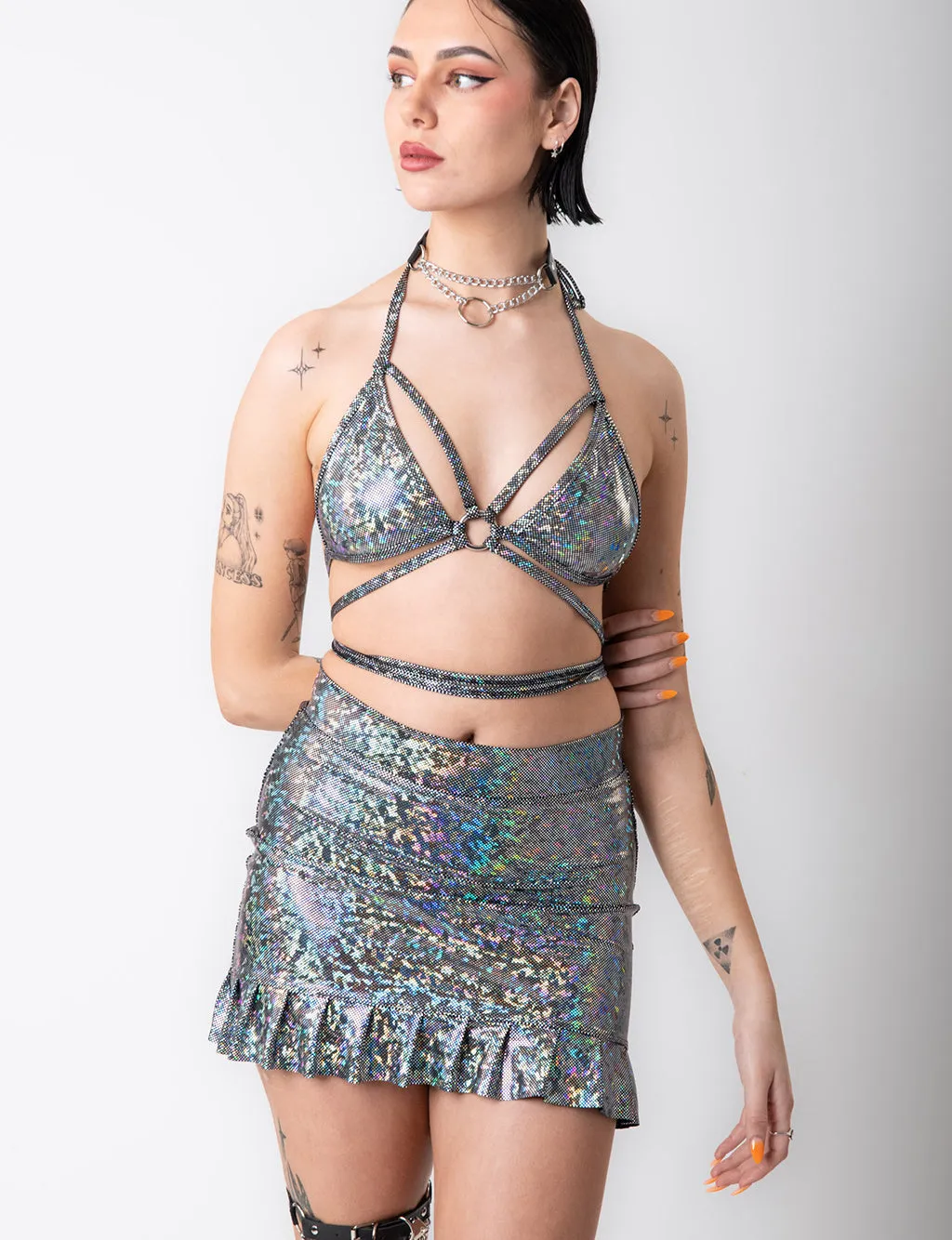 HOLOGRAPHIC FRILL SKIRT - SILVER DISCO BRAWL