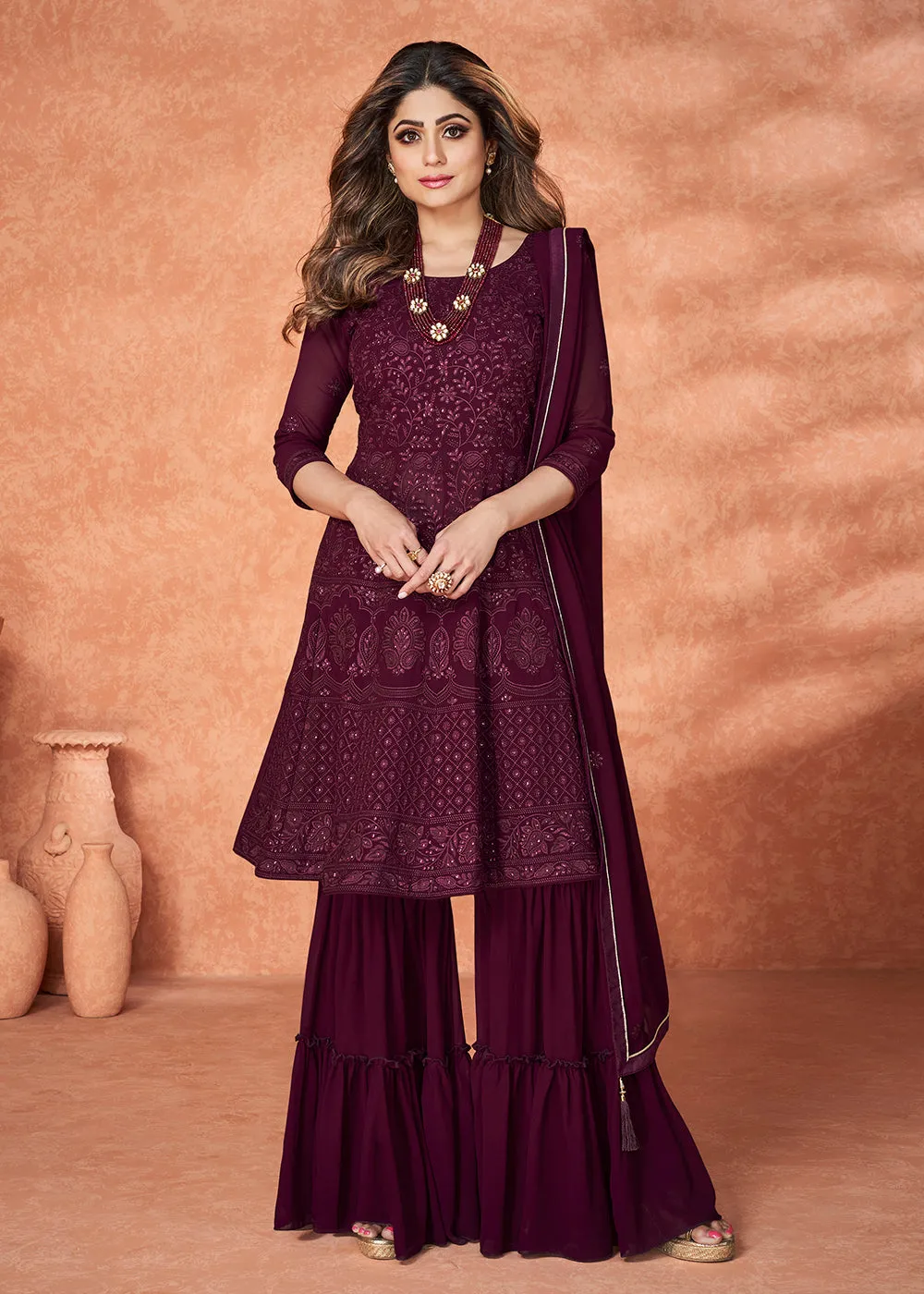 Inventive Wine Gharara Style Wedding Festive Suit