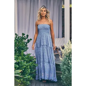 JAASE Butterfly Fields Blue Print Salsa Strapless Maxi Dress