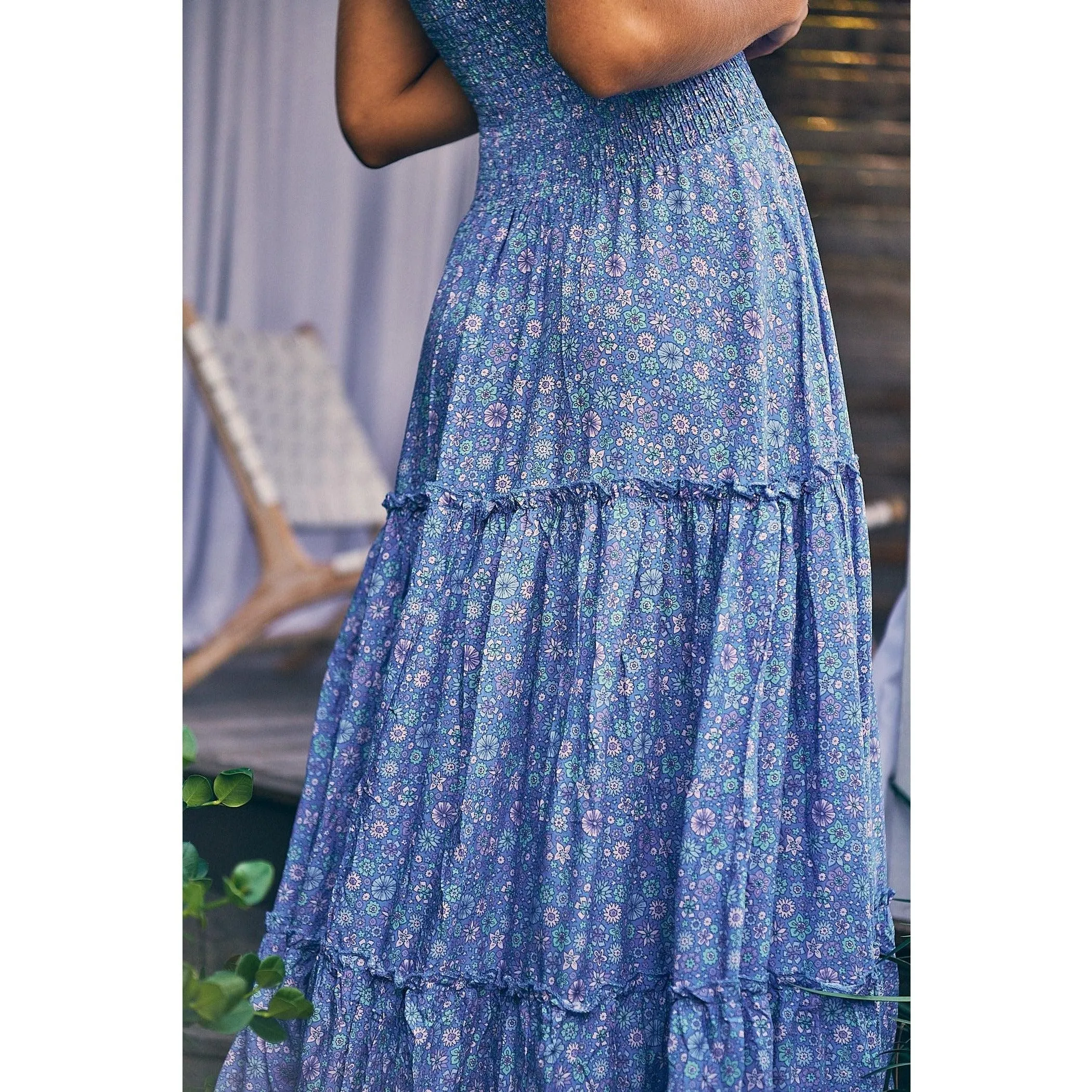 JAASE Butterfly Fields Blue Print Salsa Strapless Maxi Dress