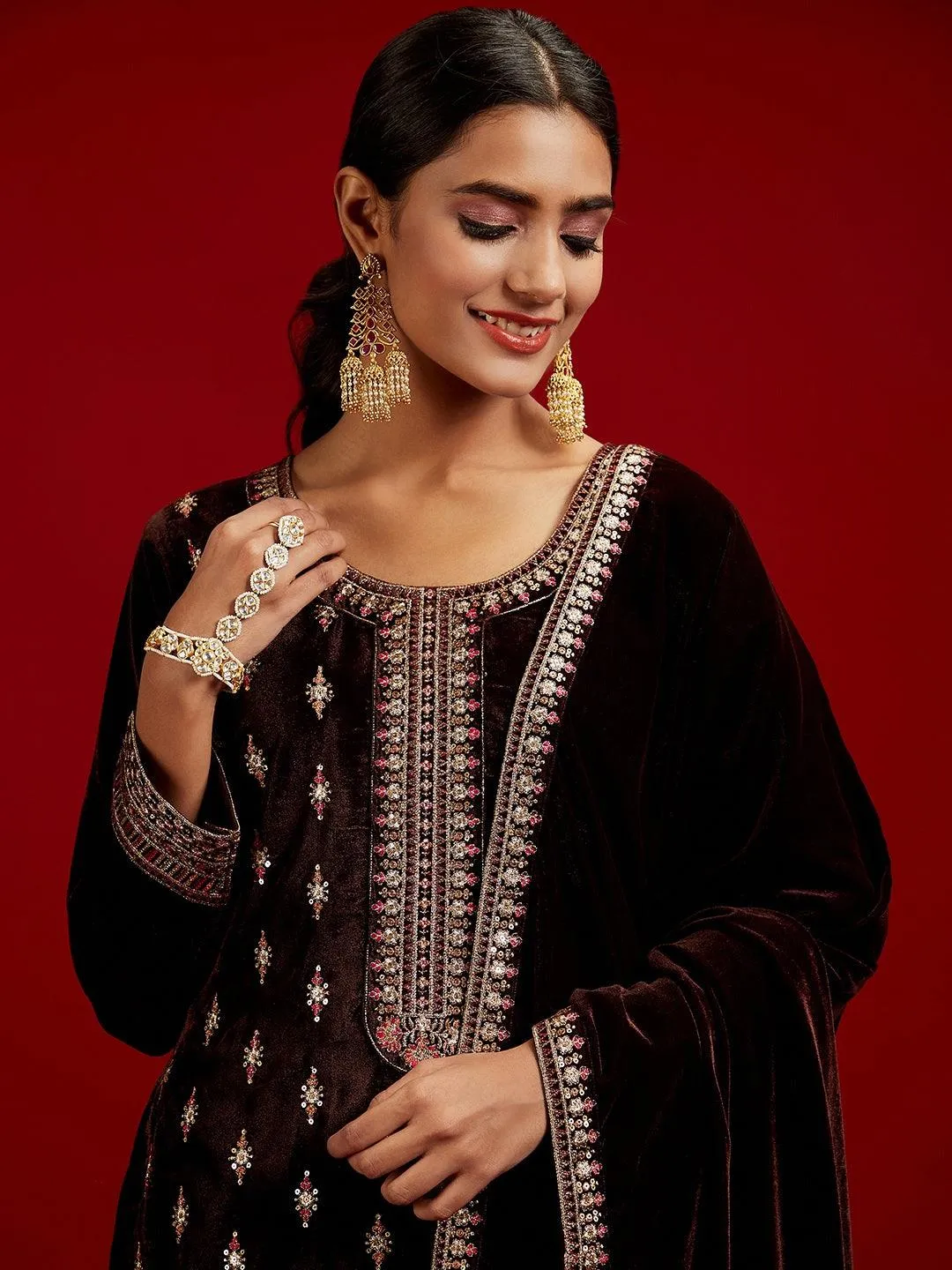 Jashvi Art Brown Embroidered Velvet Straight Suit With Dupatta