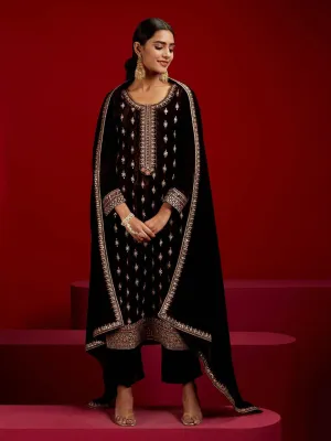 Jashvi Art Brown Embroidered Velvet Straight Suit With Dupatta