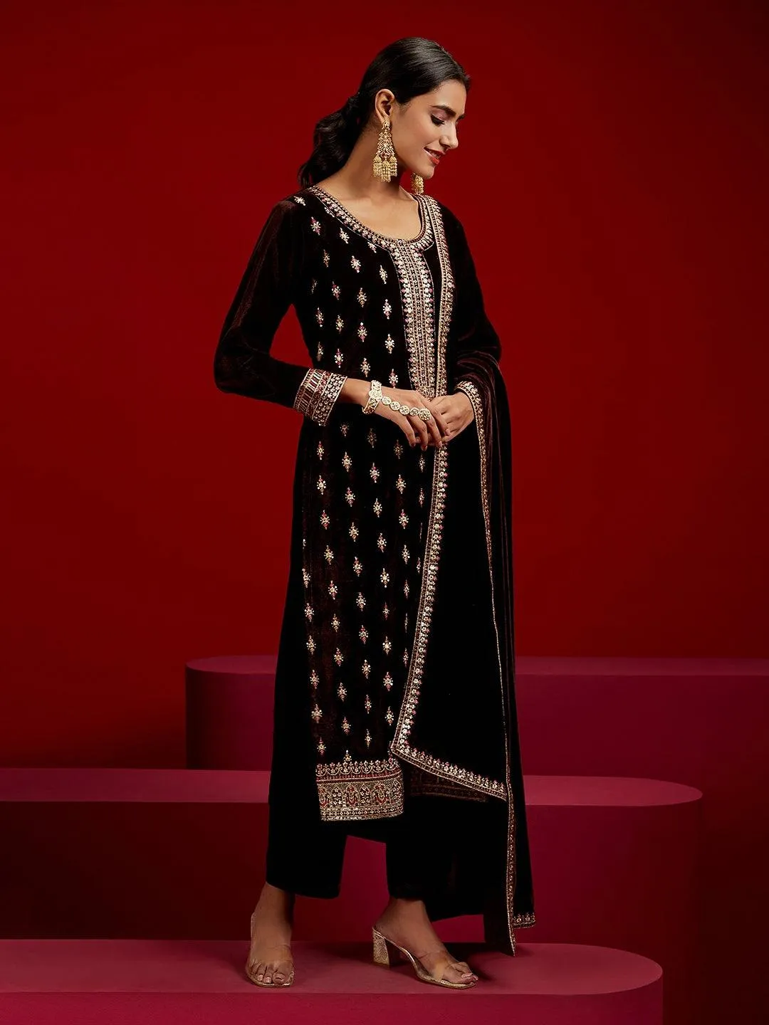 Jashvi Art Brown Embroidered Velvet Straight Suit With Dupatta