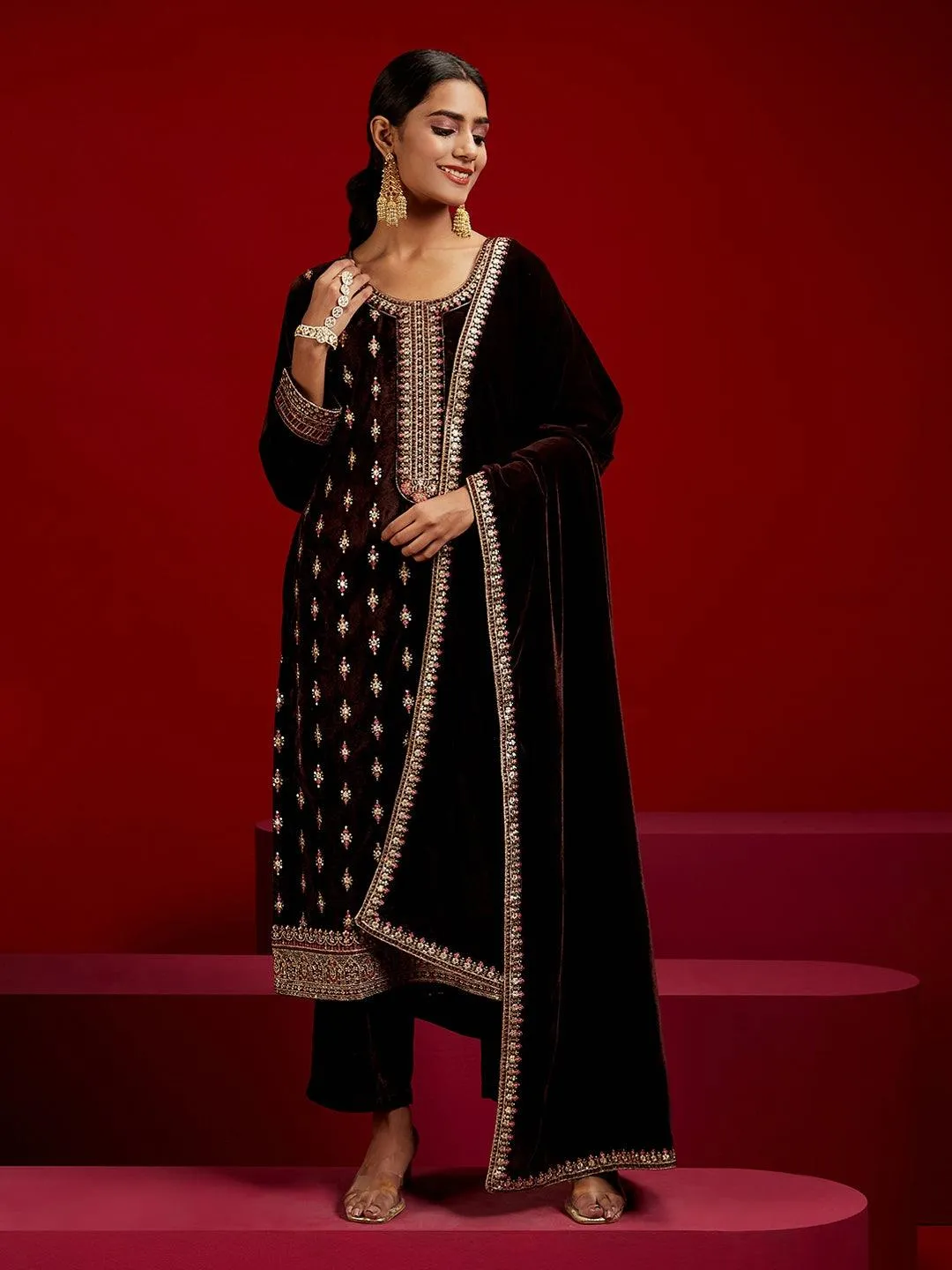 Jashvi Art Brown Embroidered Velvet Straight Suit With Dupatta