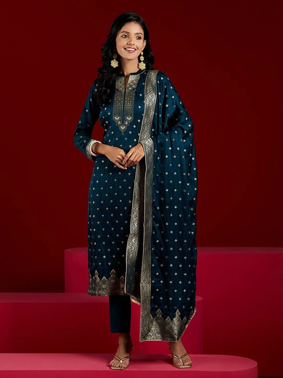 Jashvi Art Teal Woven Design Silk Straight Suit With Dupatta