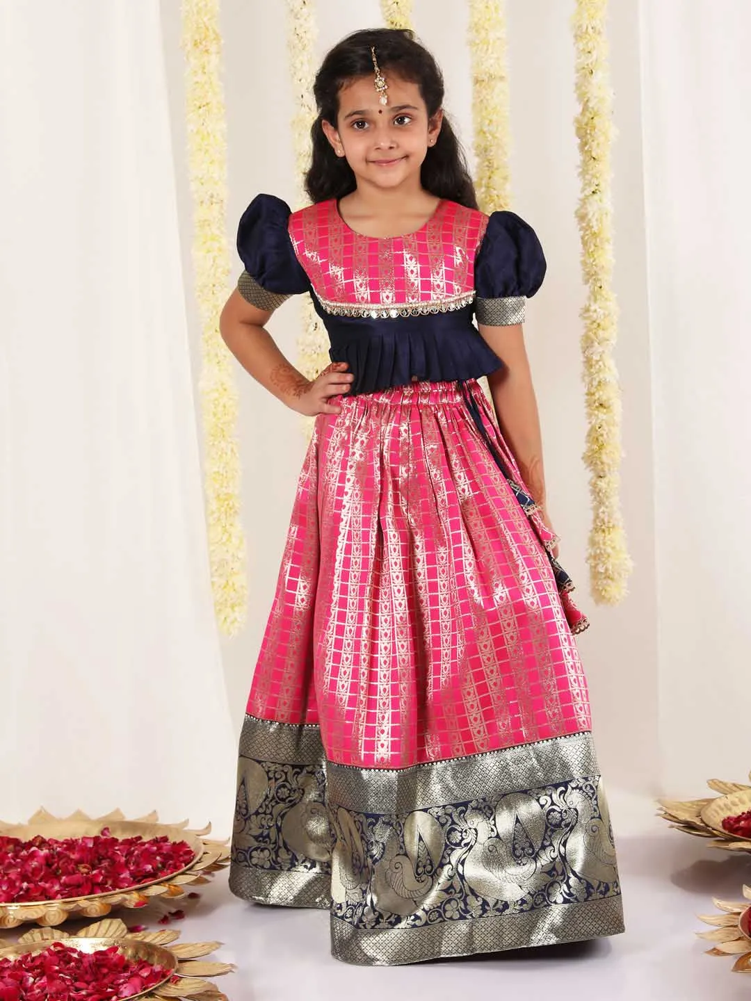 Jashvi Girl's Pink Pavda Pattu Lehenga Choli Set