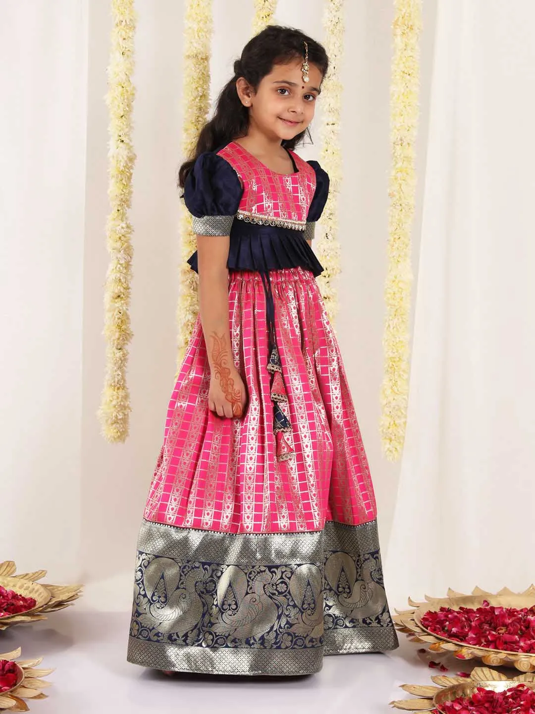 Jashvi Girl's Pink Pavda Pattu Lehenga Choli Set