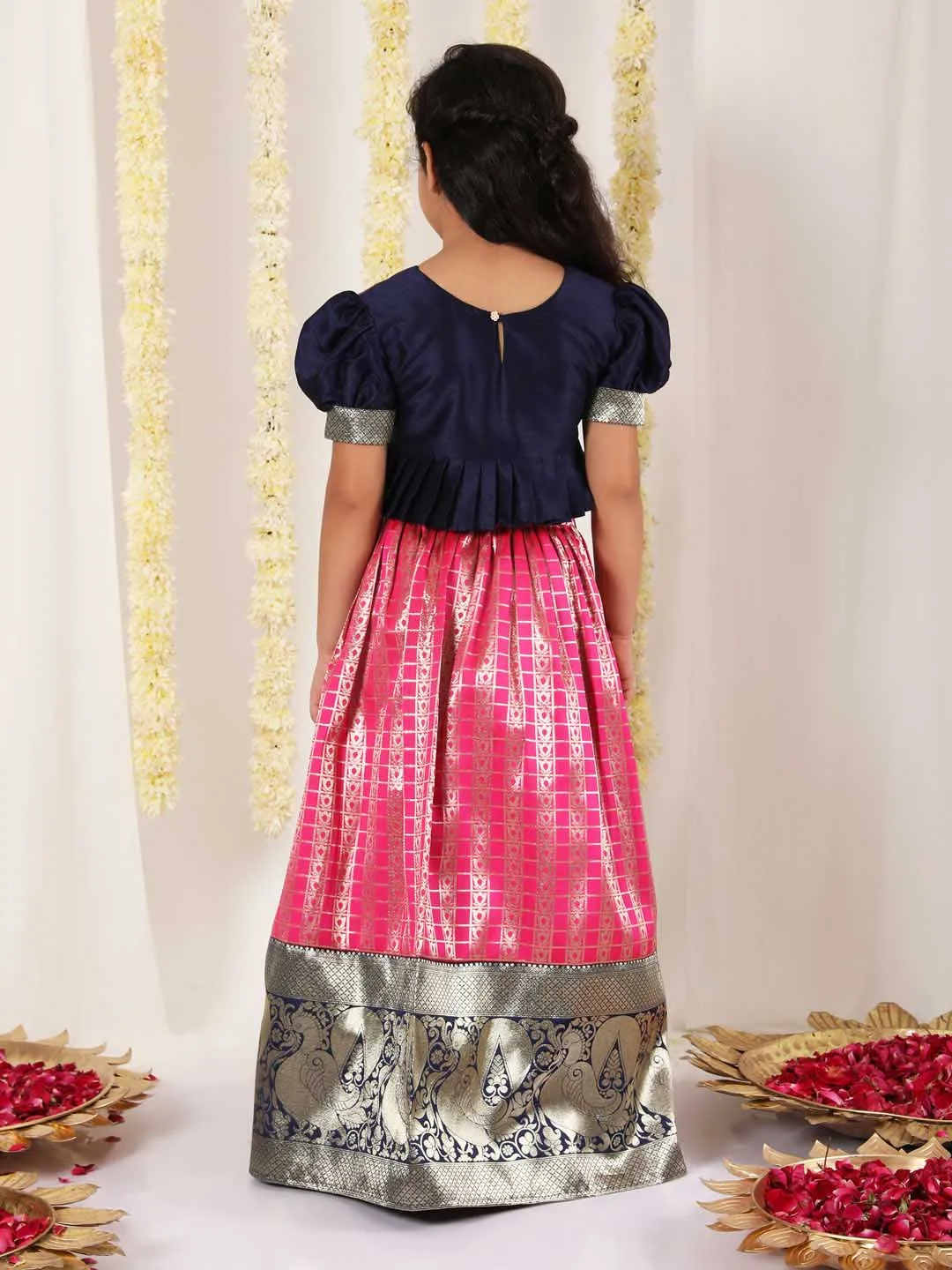 Jashvi Girl's Pink Pavda Pattu Lehenga Choli Set