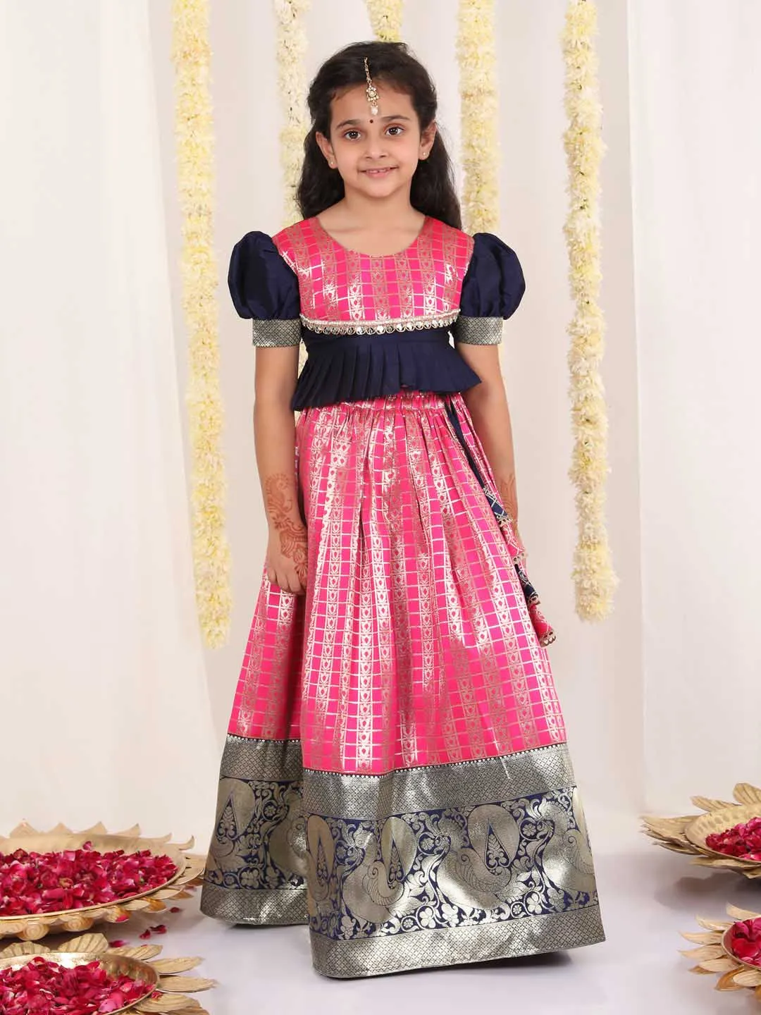 Jashvi Girl's Pink Pavda Pattu Lehenga Choli Set