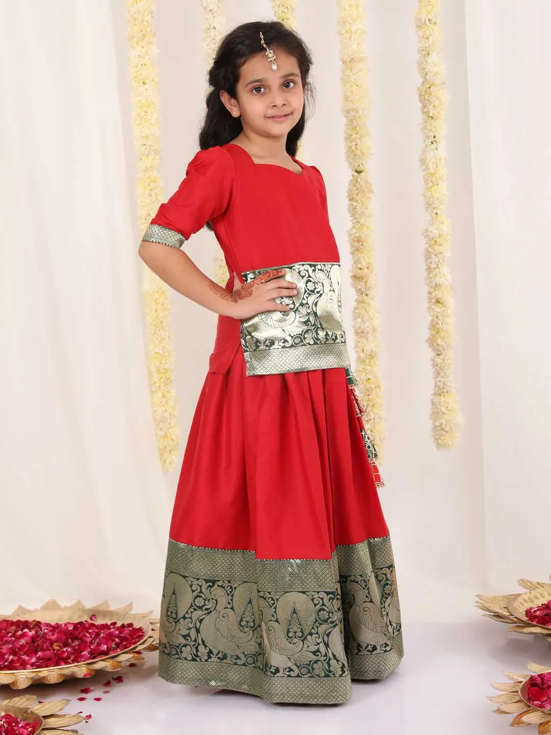 Jashvi Girl's Red Pavda Pattu Lehenga Choli Set