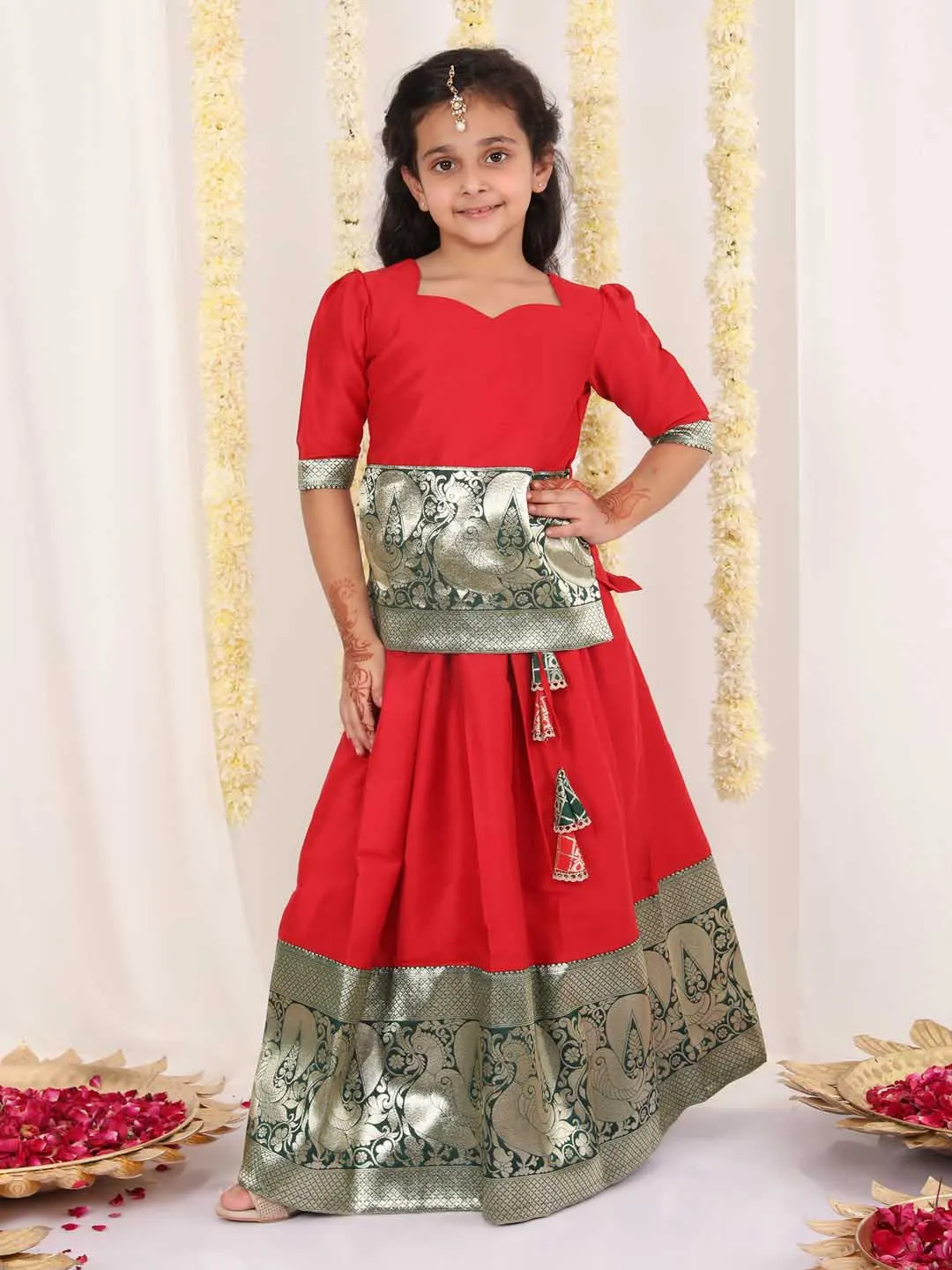 Jashvi Girl's Red Pavda Pattu Lehenga Choli Set