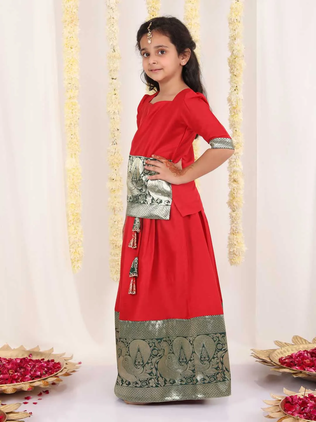 Jashvi Girl's Red Pavda Pattu Lehenga Choli Set