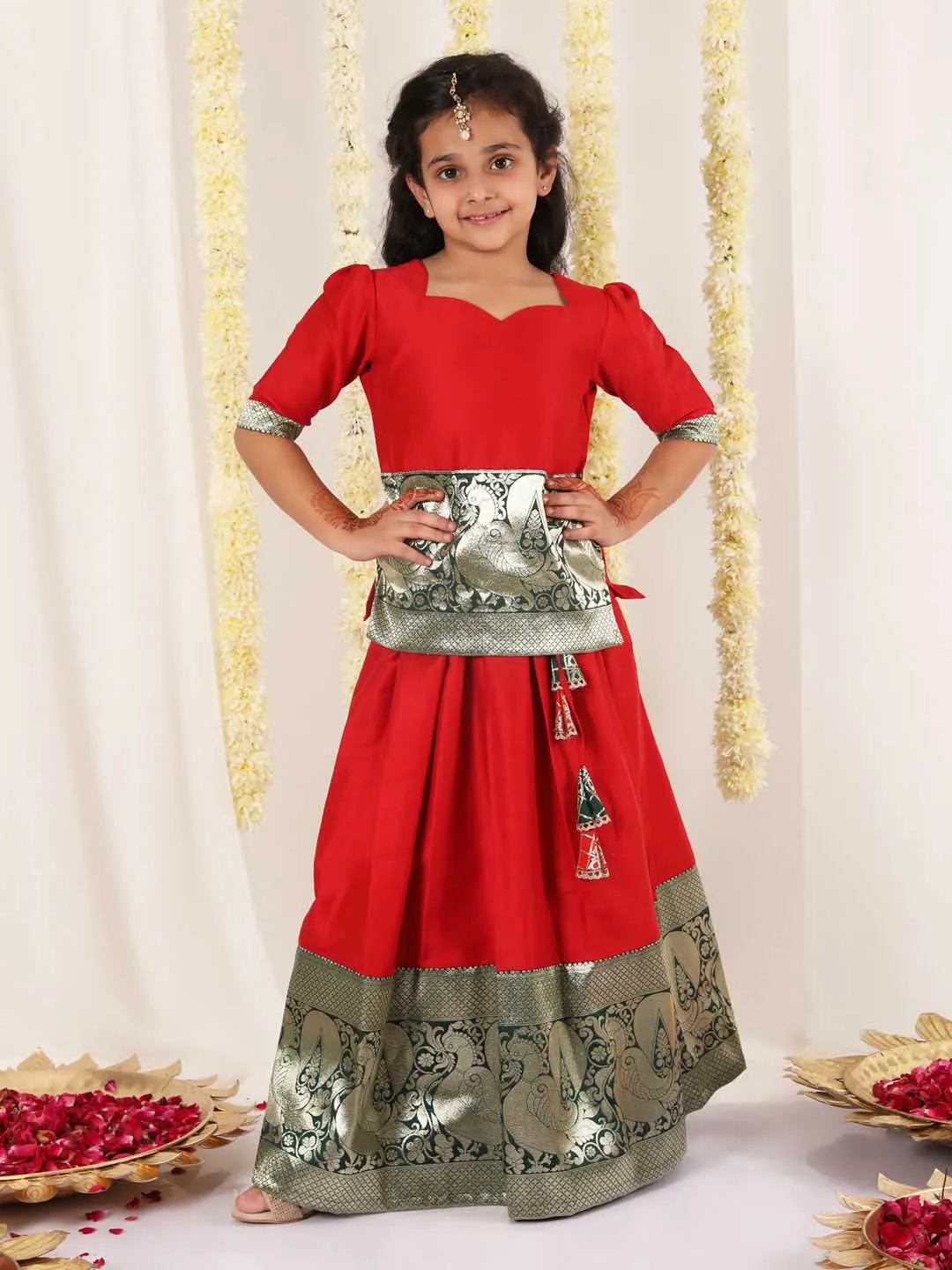 Jashvi Girl's Red Pavda Pattu Lehenga Choli Set