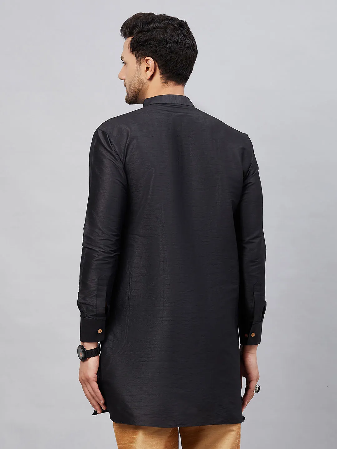 Jashvi Men's Black Silk Blend Curved Kurta