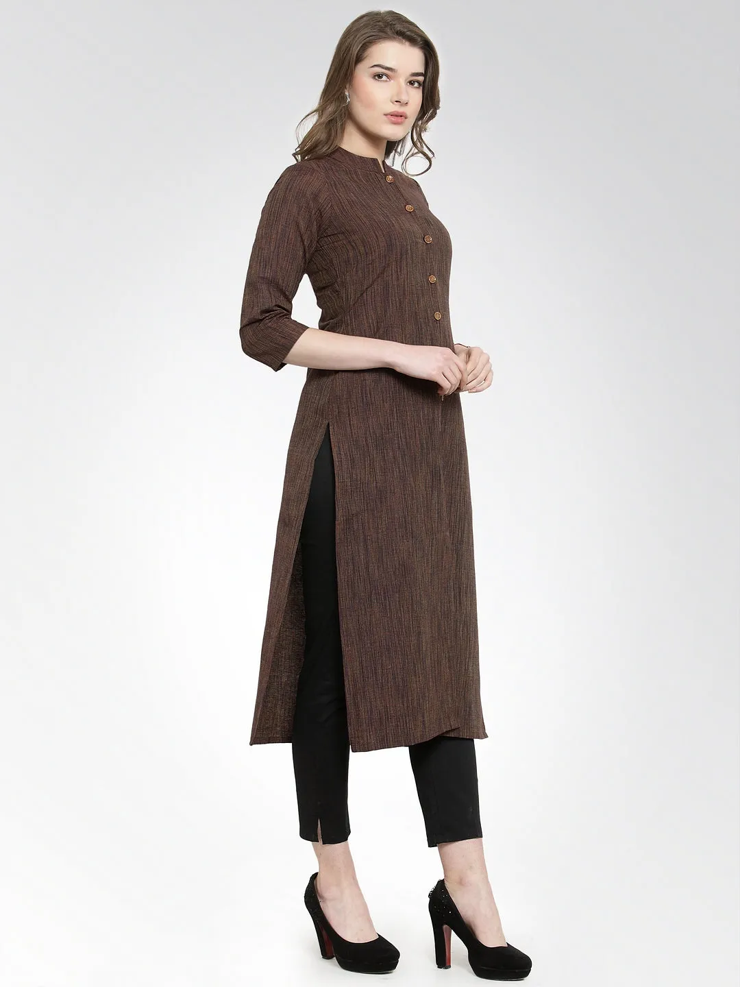 Jashvi Women Brown self design straight Kurta with Trousers