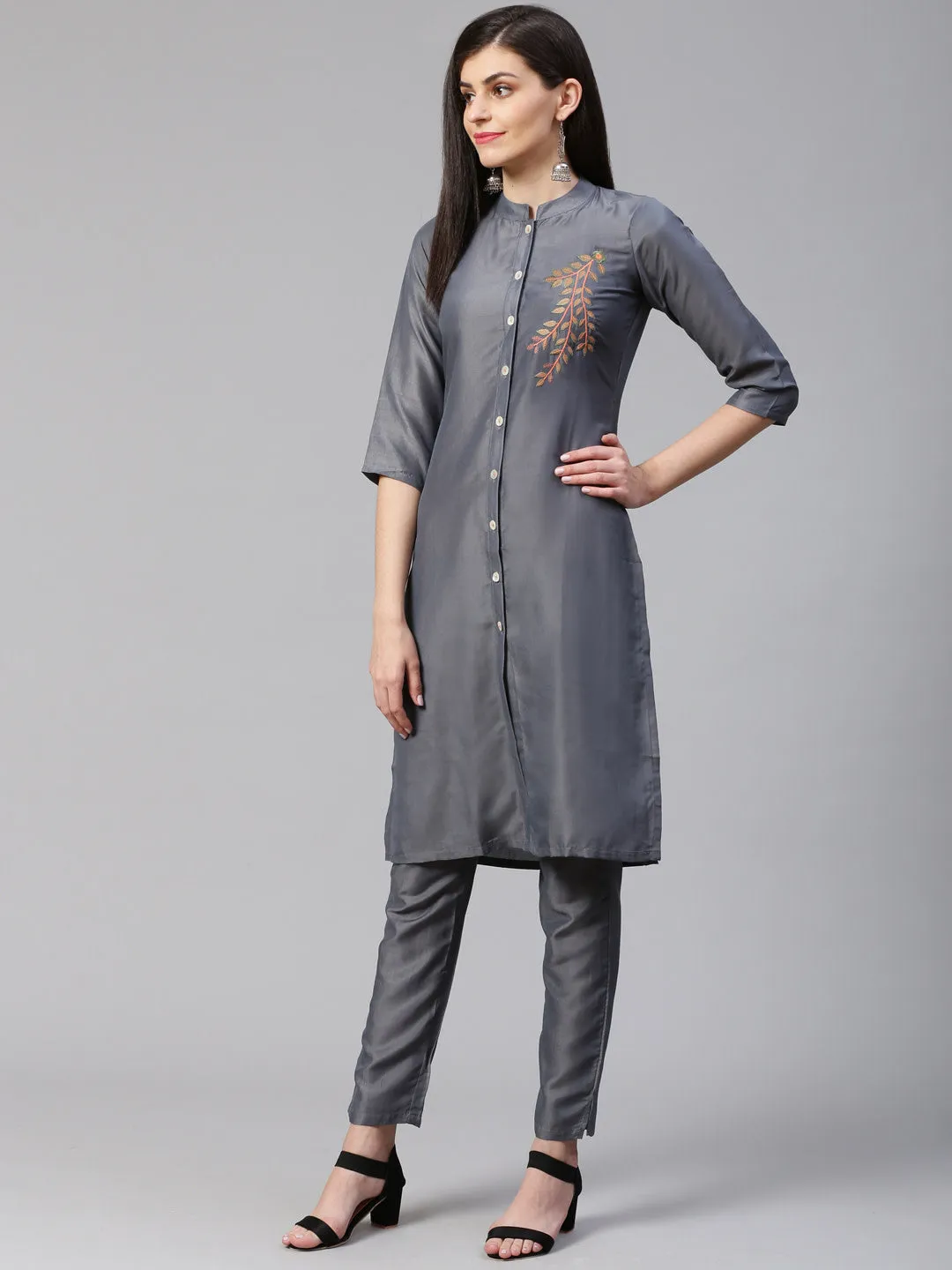 Jashvi Women Grey Embroidered Solid Kurta with Trousers