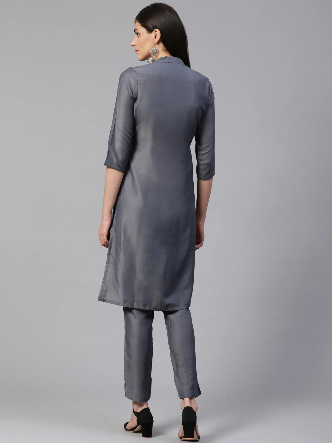 Jashvi Women Grey Embroidered Solid Kurta with Trousers