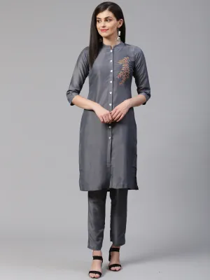 Jashvi Women Grey Embroidered Solid Kurta with Trousers