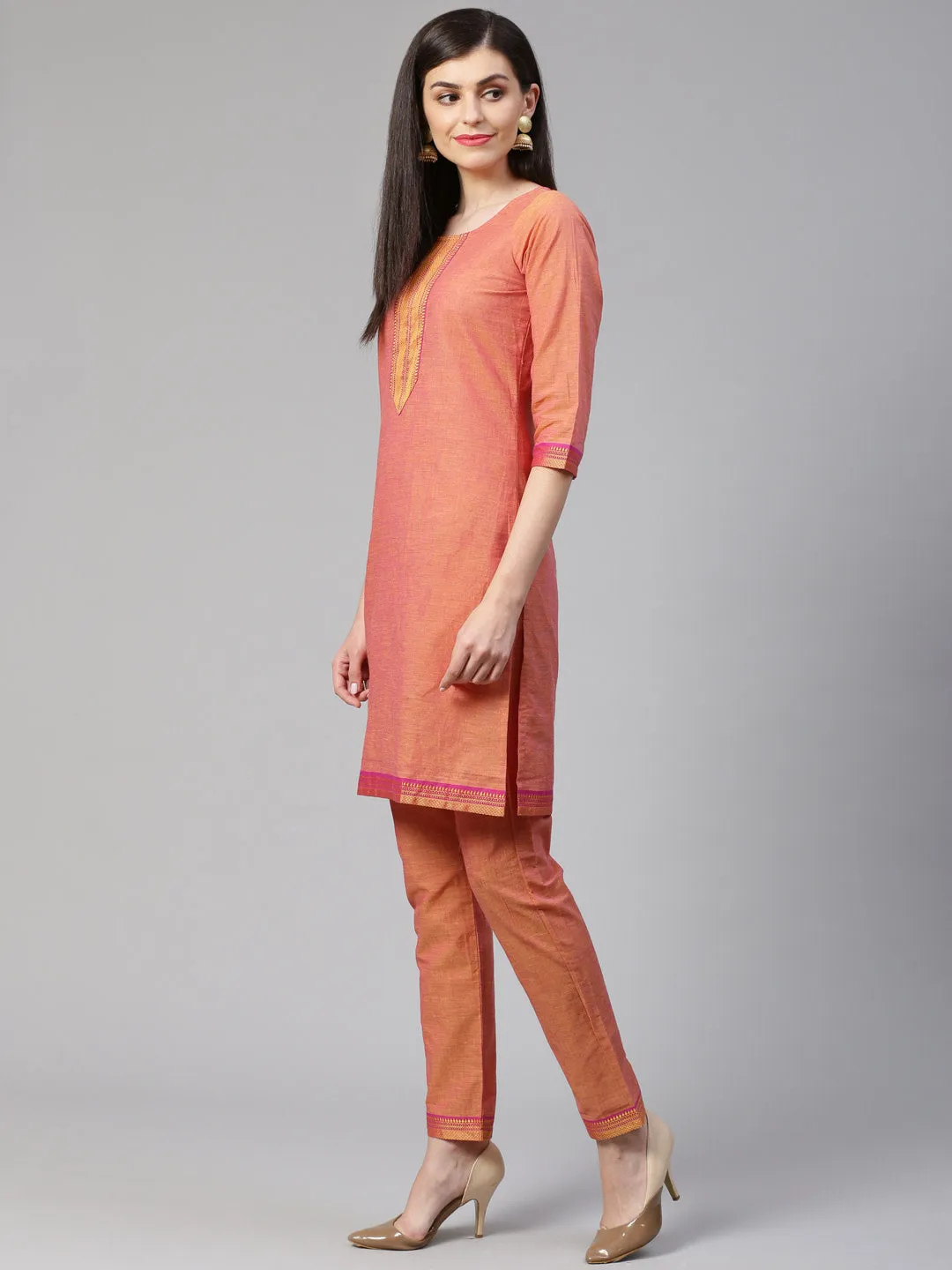 Jashvi Women Pink Yoke Design Kurta with Trousers