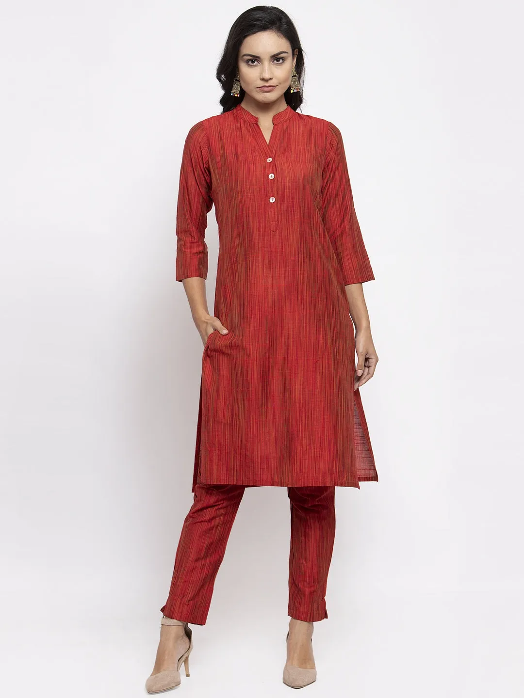 Jashvi Women Red Self-Striped Kurta with Trousers & Art Silk Dupatta