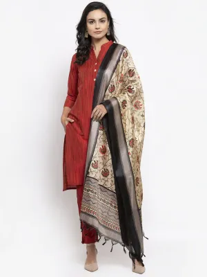 Jashvi Women Red Self-Striped Kurta with Trousers & Art Silk Dupatta