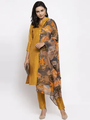 Jashvi Women Yellow Self-Striped Kurta with Trousers & Gorgette Dupatta