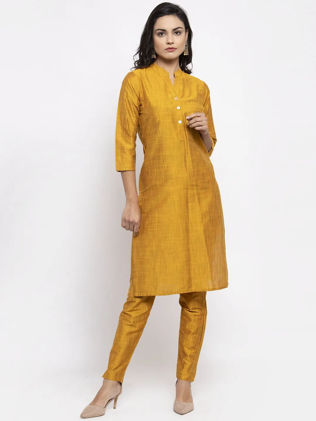 Jashvi Women Yellow Self-Striped Kurta with Trousers & Gorgette Dupatta