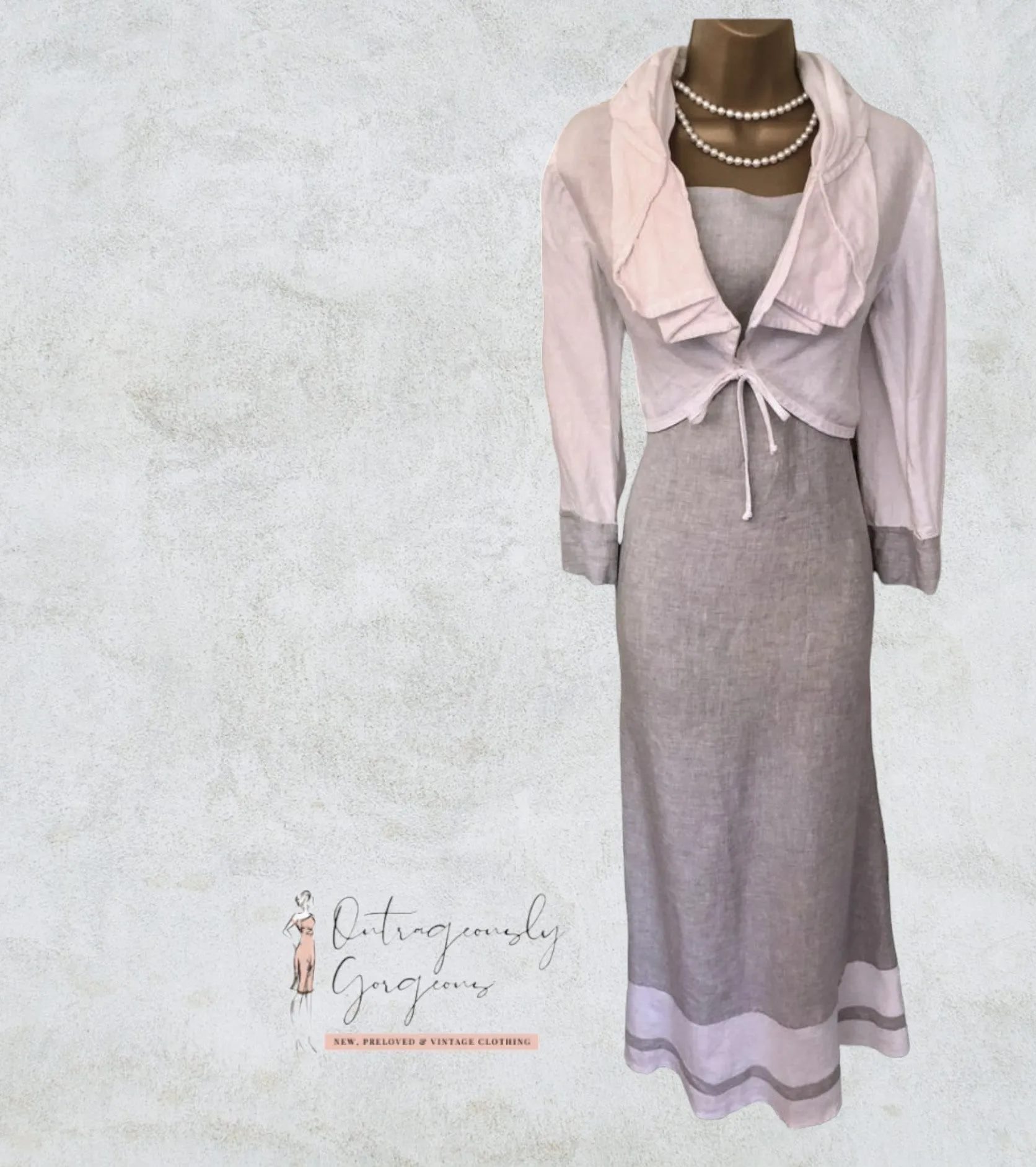 Kontrast White & Grey Linen Long Dress & Jacket, Lagenlook Size 36 UK 10 US 6 EU 38