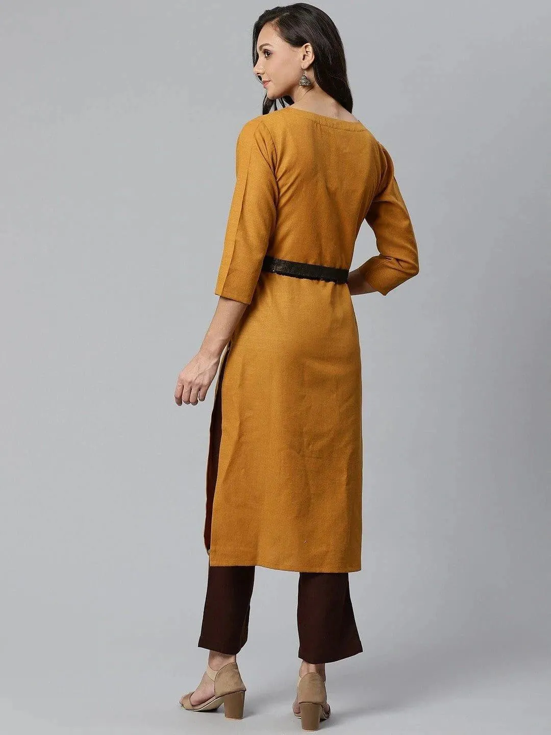 KSUT Mustard Brown & Brown Solid Kurta with Trousers