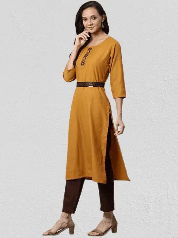 KSUT Mustard Brown & Brown Solid Kurta with Trousers