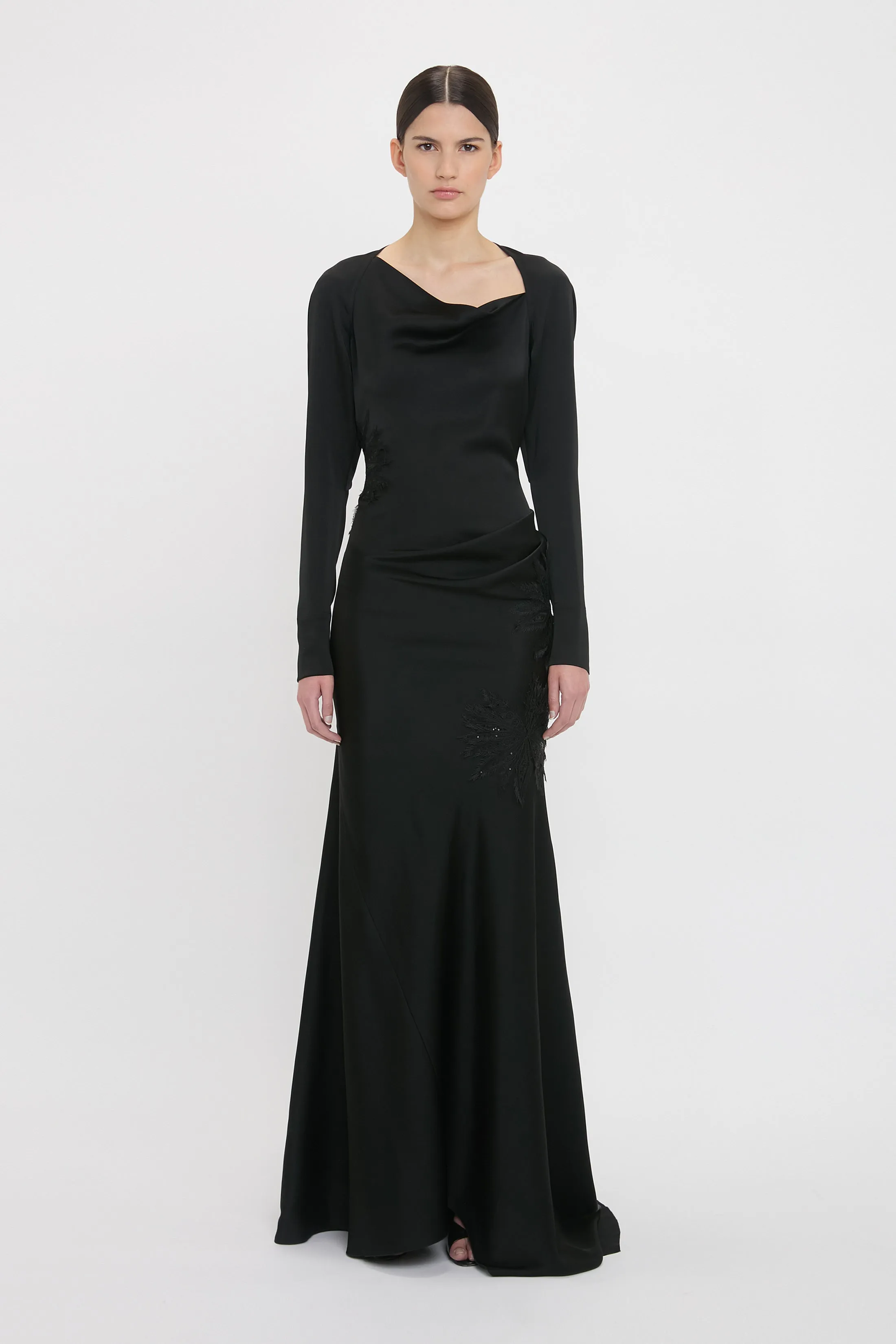 Long Sleeve Lace Applique Floor-Length Gown In Black