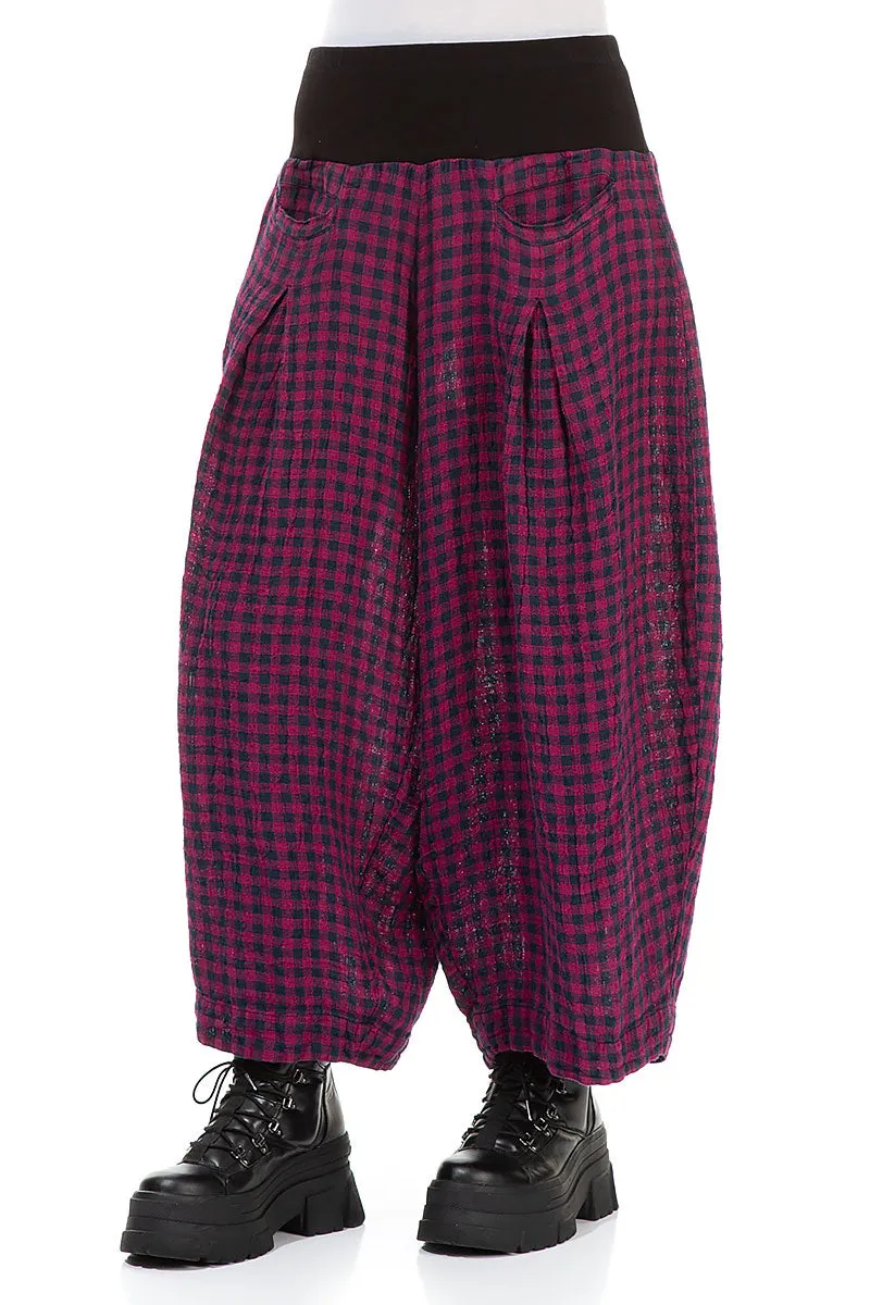 Loose Magenta Check Linen Trousers