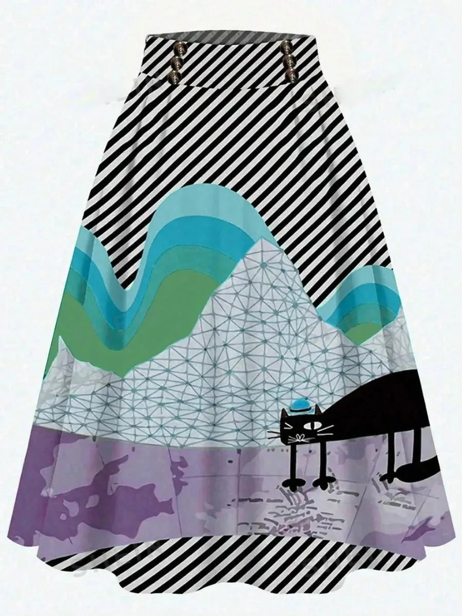 LUNE Plus Size Women's Abstract Cartoon Pattern A-Line Skirt