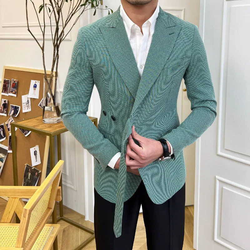 Men's Slim Fit Fine Check Green Suit Jacket