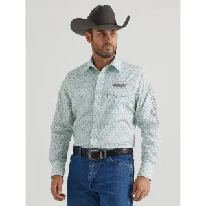 MEN'S WRANGLER® LOGO LONG SLEEVE WESTERN SNAP SHIRT IN AQUA PRINT