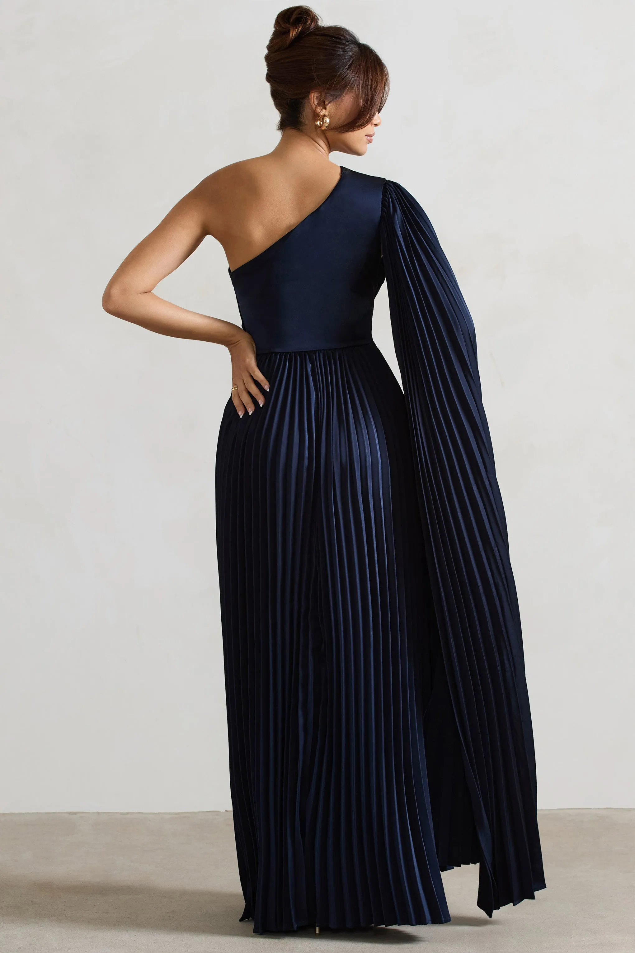 My Vision | Navy Plisse Asymmetric Split Maxi Dress With Cape Sleeve