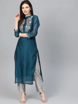 Navy Blue & Grey Ethnic Motifs Embroidered Handloom Kurta with Palazzos