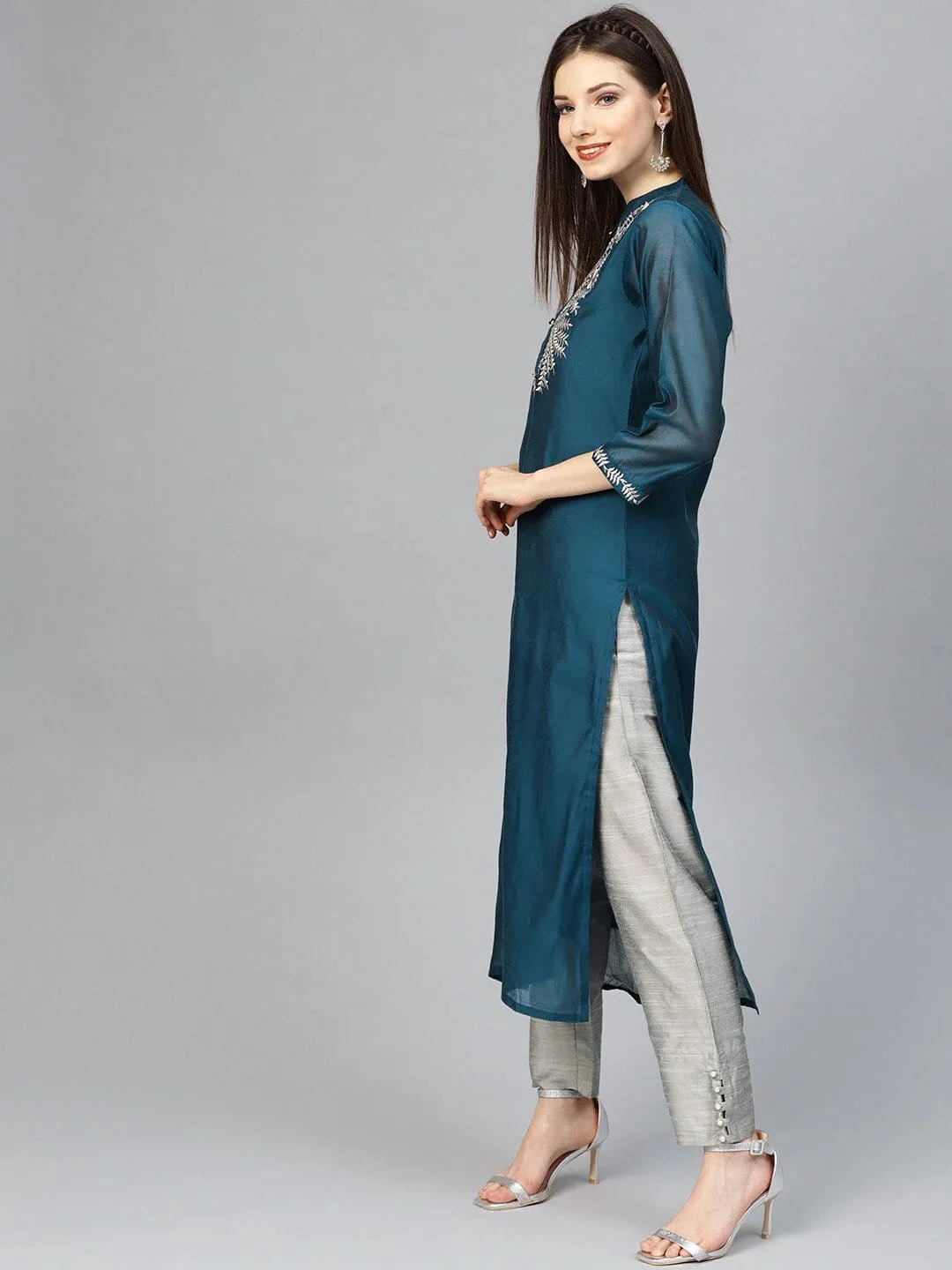 Navy Blue & Grey Ethnic Motifs Embroidered Handloom Kurta with Palazzos