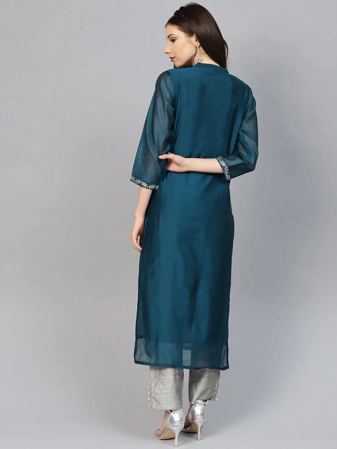 Navy Blue & Grey Ethnic Motifs Embroidered Handloom Kurta with Palazzos