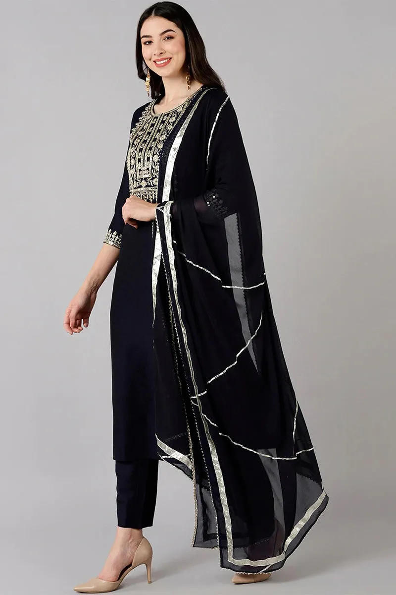 Navy Blue Polyester Straight Kurta Pant With Dupatta