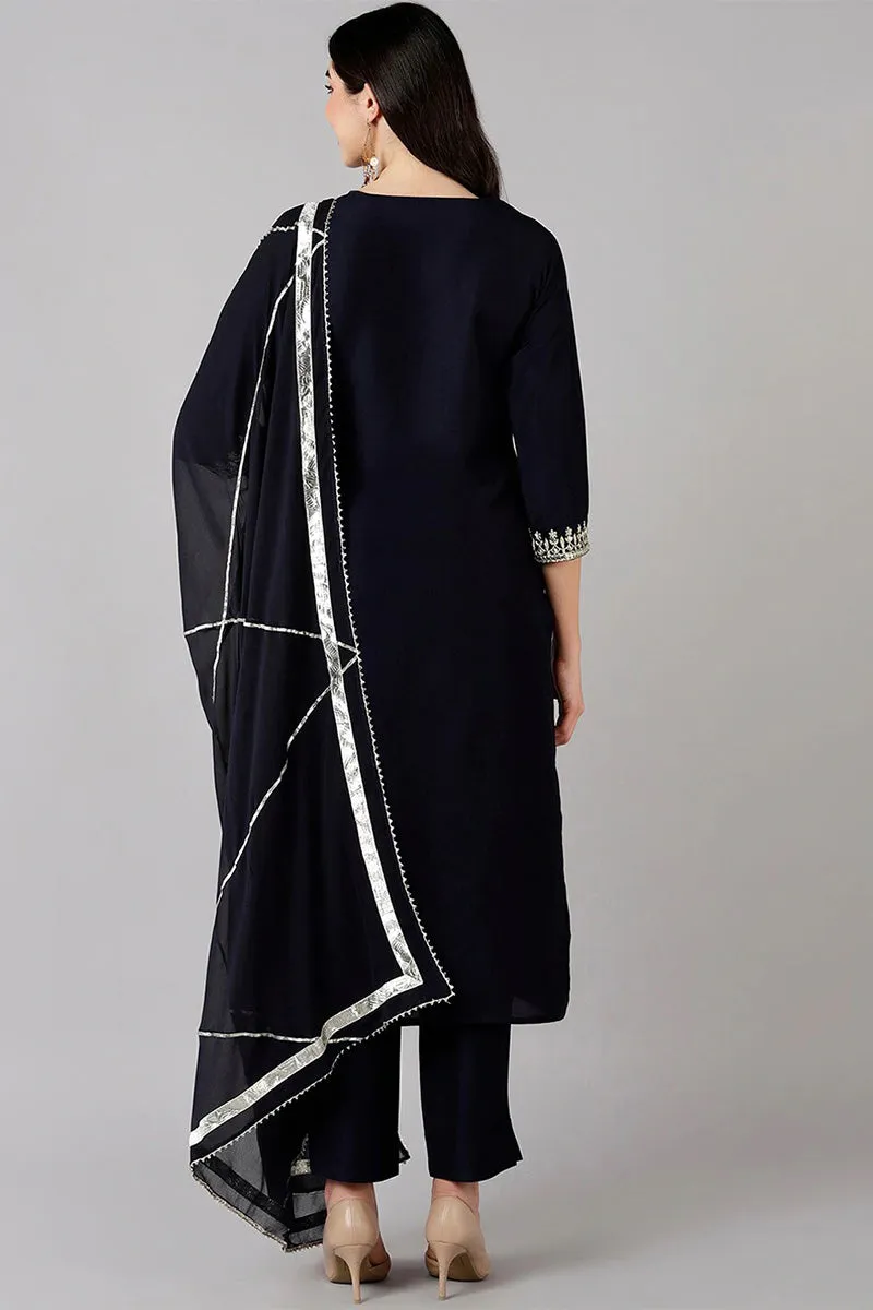 Navy Blue Polyester Straight Kurta Pant With Dupatta