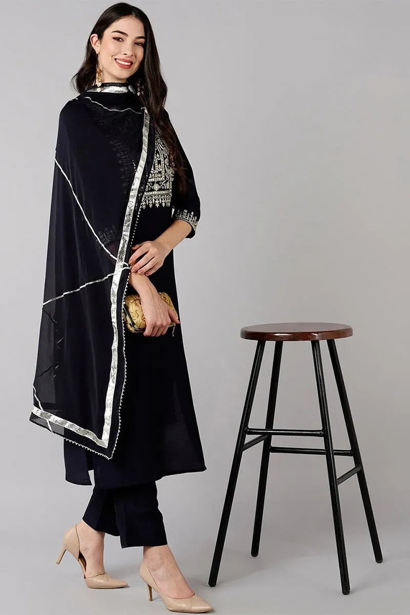 Navy Blue Polyester Straight Kurta Pant With Dupatta